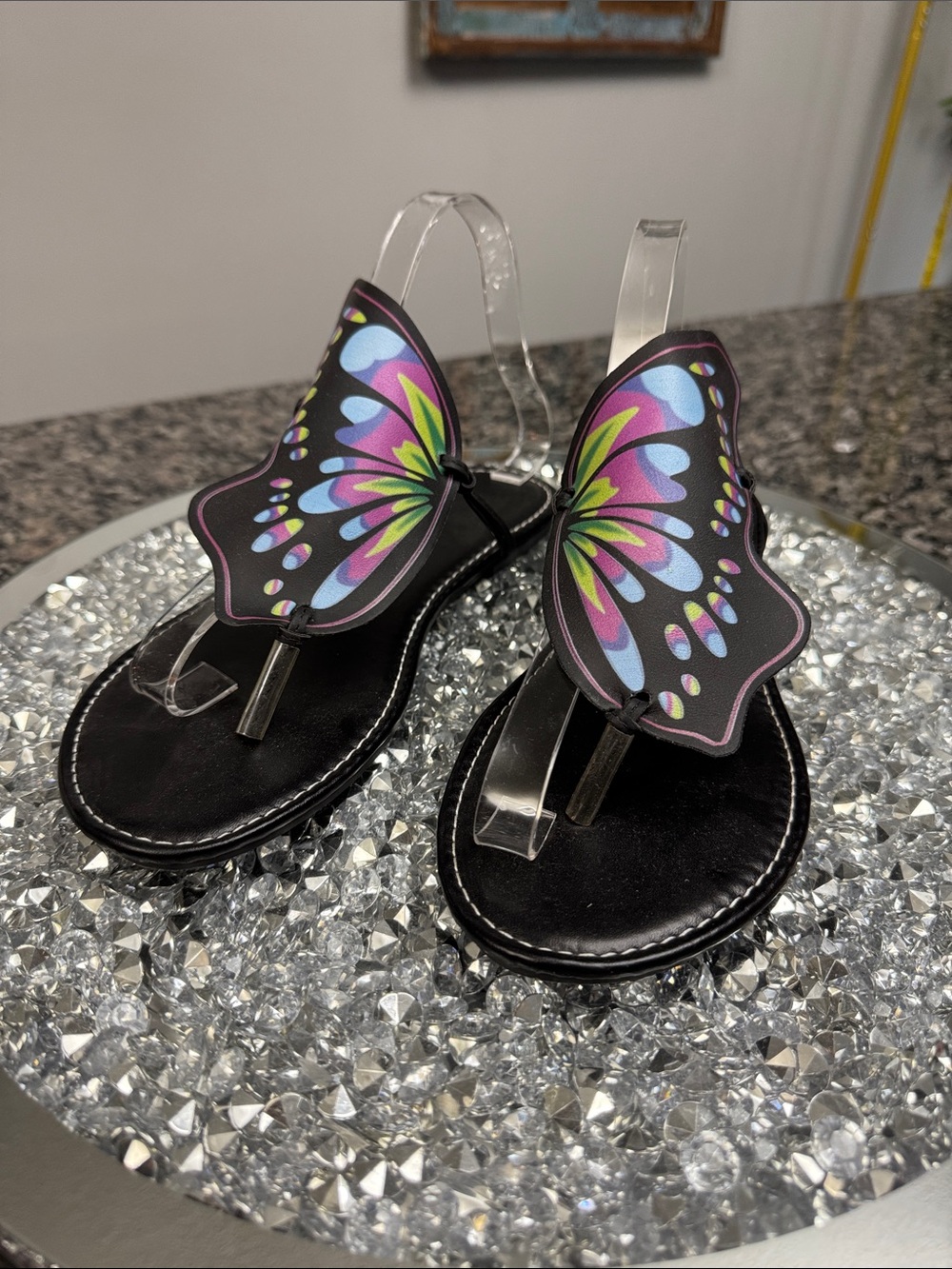 Butterfly Accent Black Women's Thong Sandals